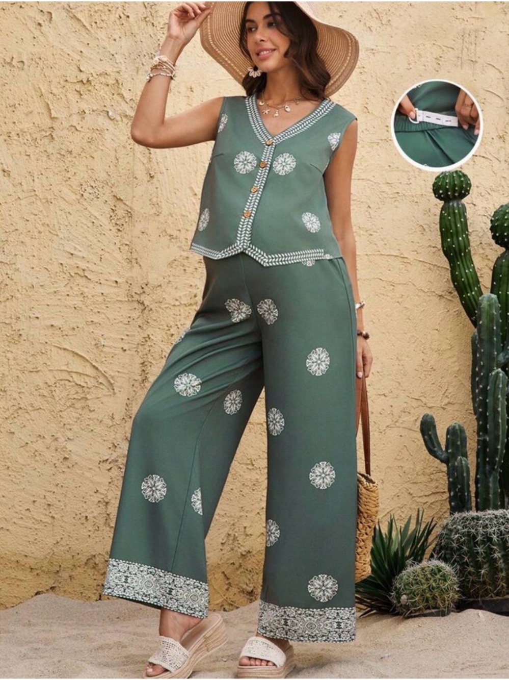 Maternity Relaxed Olive Green Wide-Leg Jumpsuit with Embroidered Accents